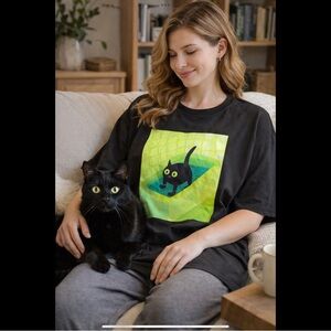 Trend Scaredy Cat Graphic Tee XXL | Oversized Black Novelty Cat Shirt